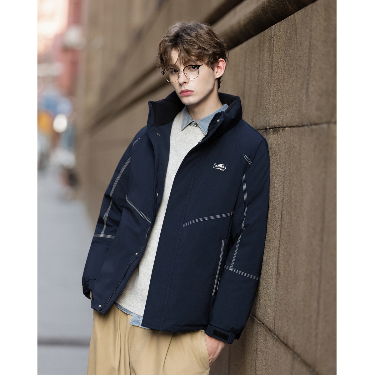 唐狮冬季短款羽绒服男立领明线设