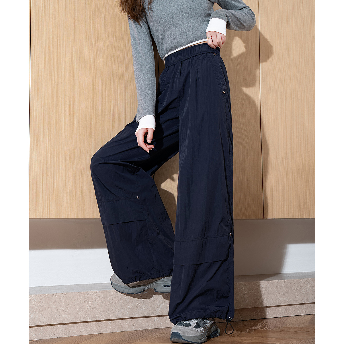 唐狮春季新款女休闲裤宽松设计感工装裤直筒阔腿长裤束脚裤