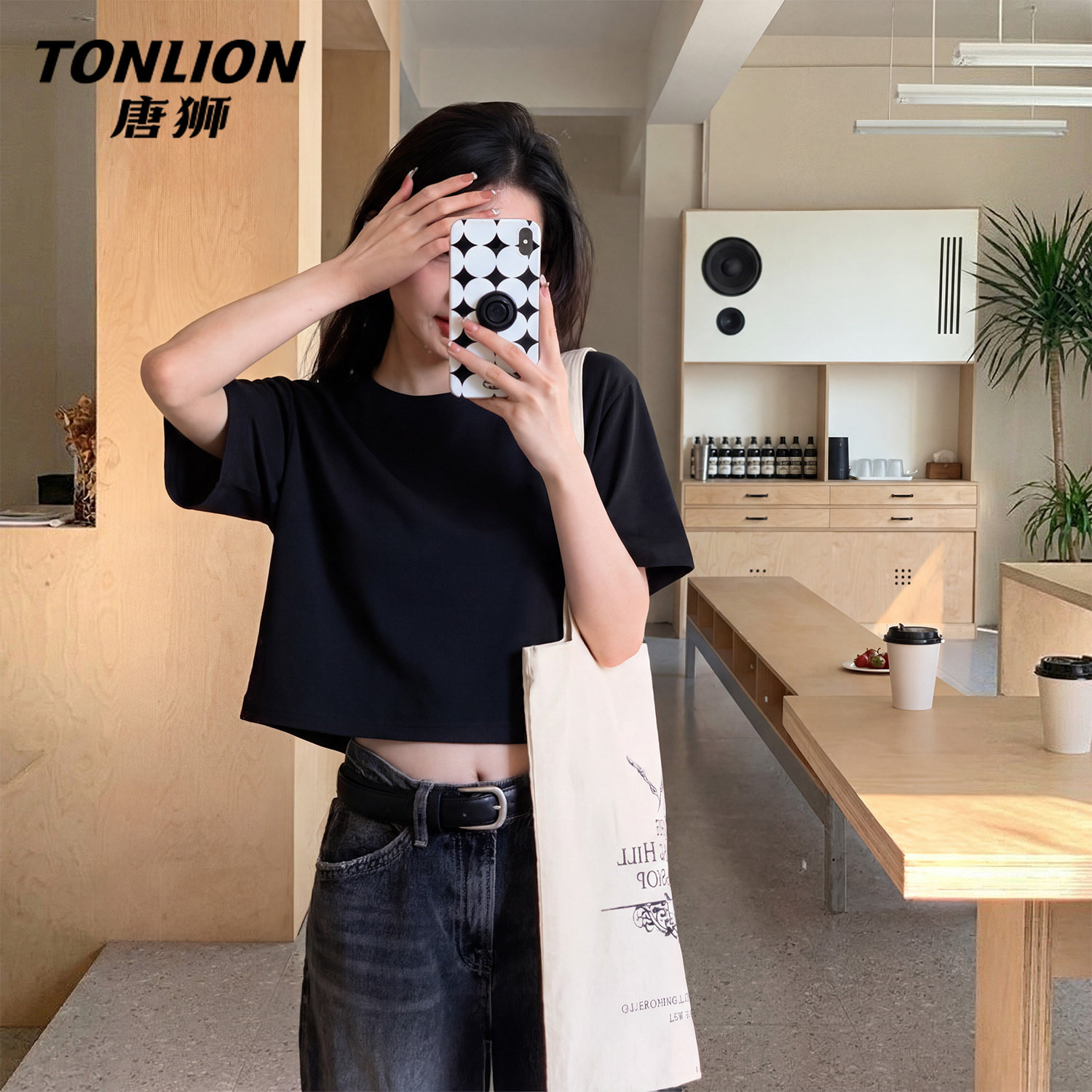 唐狮官方黑色短袖t恤女夏季2026新款女士纯棉宽松短款半袖上衣V
