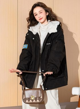 唐狮冬季新款女棉衣黑色加厚保暖设计感小个子棉服外套潮流w5tu