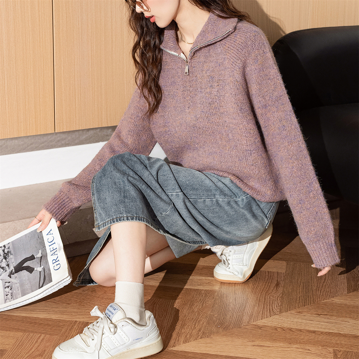 唐狮秋冬季毛衣女舒适简约翻领拉