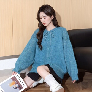 唐狮新款圆领开衫毛衣女慵懒风领口系带设计宽松针织衫上衣ydTD