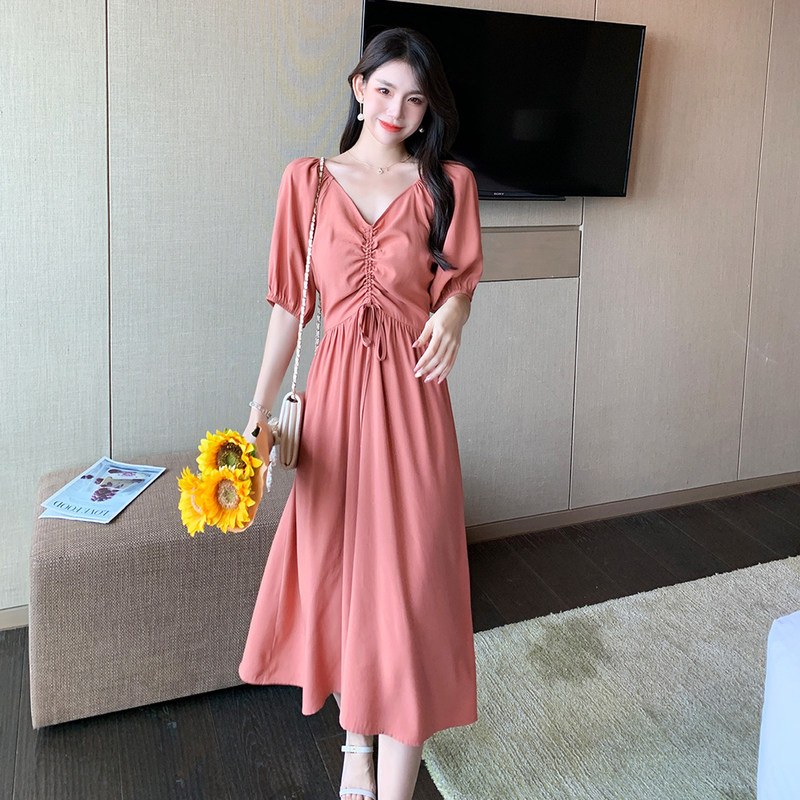 唐狮泡泡袖连衣裙夏女新款高级感V领气质裙子可抽绳收腰长裙