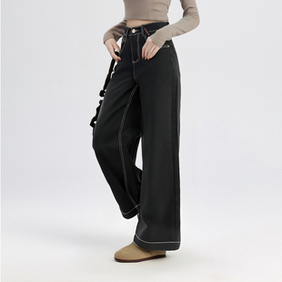 唐狮秋冬新款女牛仔裤明线撞色阔腿直筒长裤女美式宽松潮tuTA