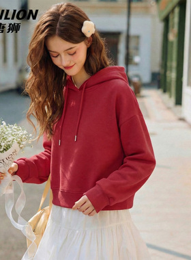 唐狮官方新年红色卫衣女2026新款春季套头连帽外套本命年短上衣VC