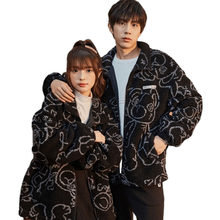 唐狮仿羊羔毛外套情侣装冬季A款满印男女外套厚保暖夹克青少年潮