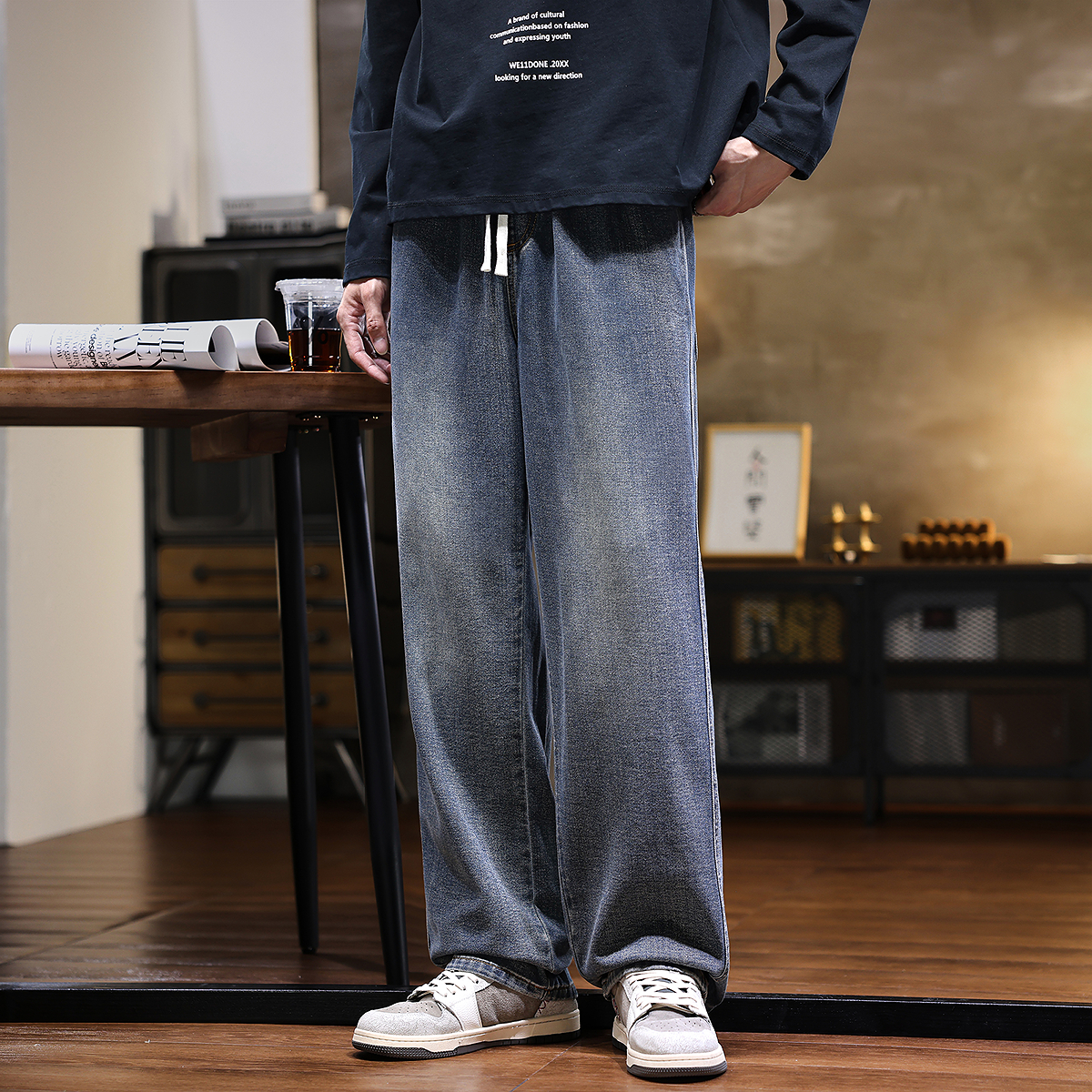 唐狮秋季牛仔长裤百搭直筒做旧复