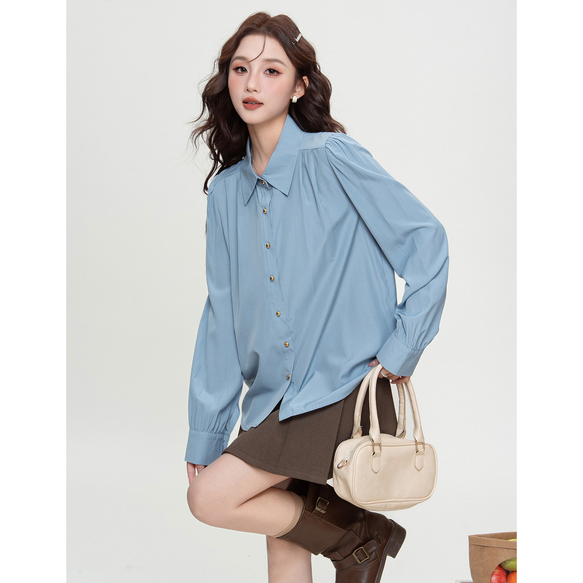 唐狮春秋女式衬衫时尚百搭纯色内搭叠穿高级感百搭流行简约TM