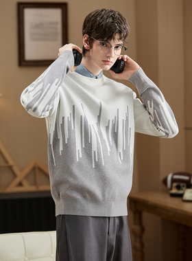 唐狮新款秋冬季毛衣男士圆领套头撞色拼接灰色红色费尔岛外套TD