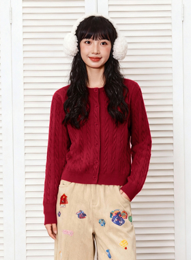 唐狮针织衫外套女生2026新款冬季马年修身麻花红色毛衣开衫上衣VB