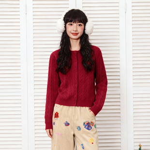 麻花红色毛衣开衫 唐狮针织衫 马年修身 冬季 上衣VB 外套女生2026新款