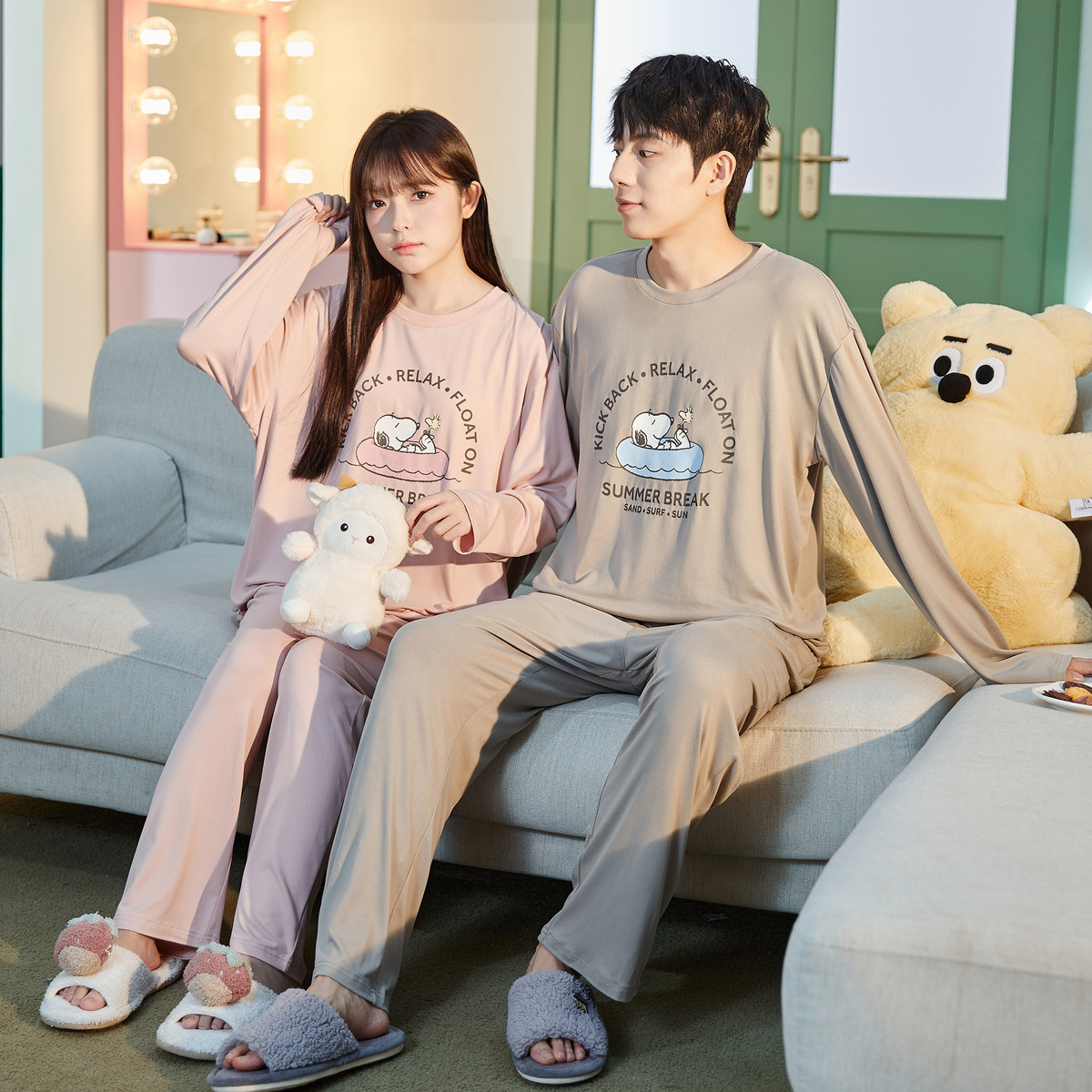 唐狮情侣睡衣女春秋圆领长袖史努比卡通一男一女家居服套装男TD
