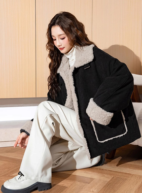 唐狮冬季新款外套女翻领灯芯绒拼接仿羊羔毛外套超好看爆款W1tu