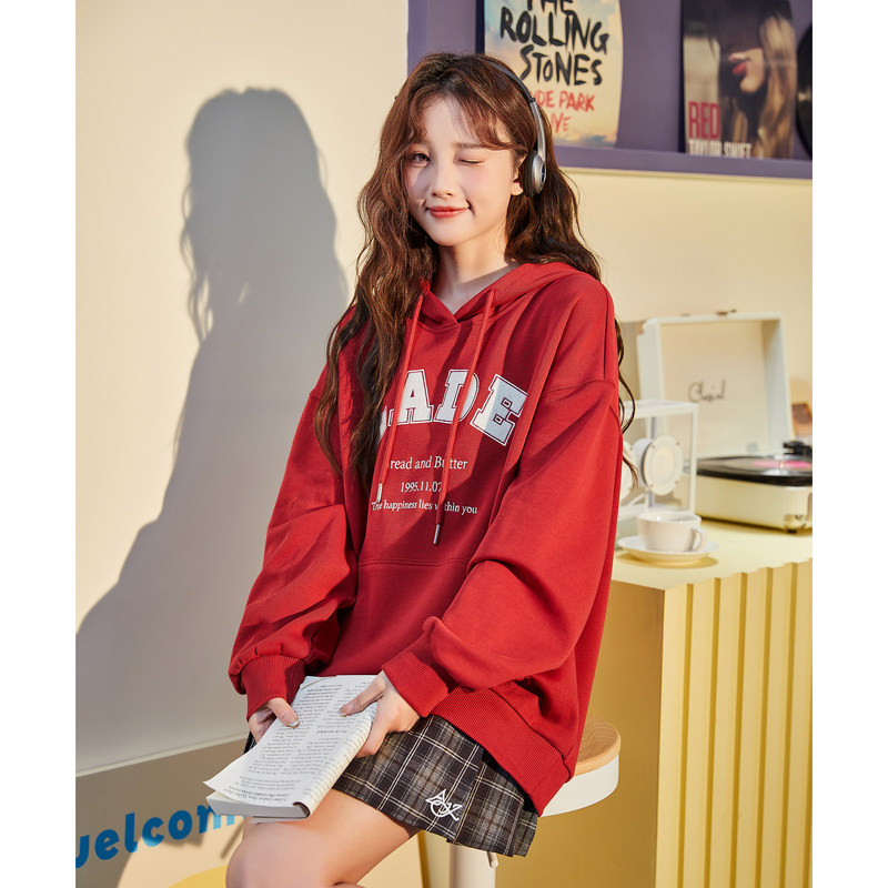 唐狮春秋新款连帽卫衣女针织大字母长袖卫衣时尚潮流套头衫TD