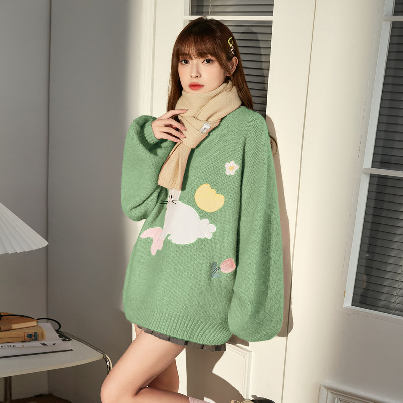 唐狮可爱奶fufu兔子毛衣女士秋冬款圆领宽松毛衣减龄套头毛衫衣服