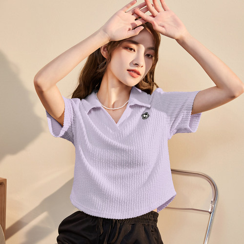 唐狮女短袖polo夏季v领左胸