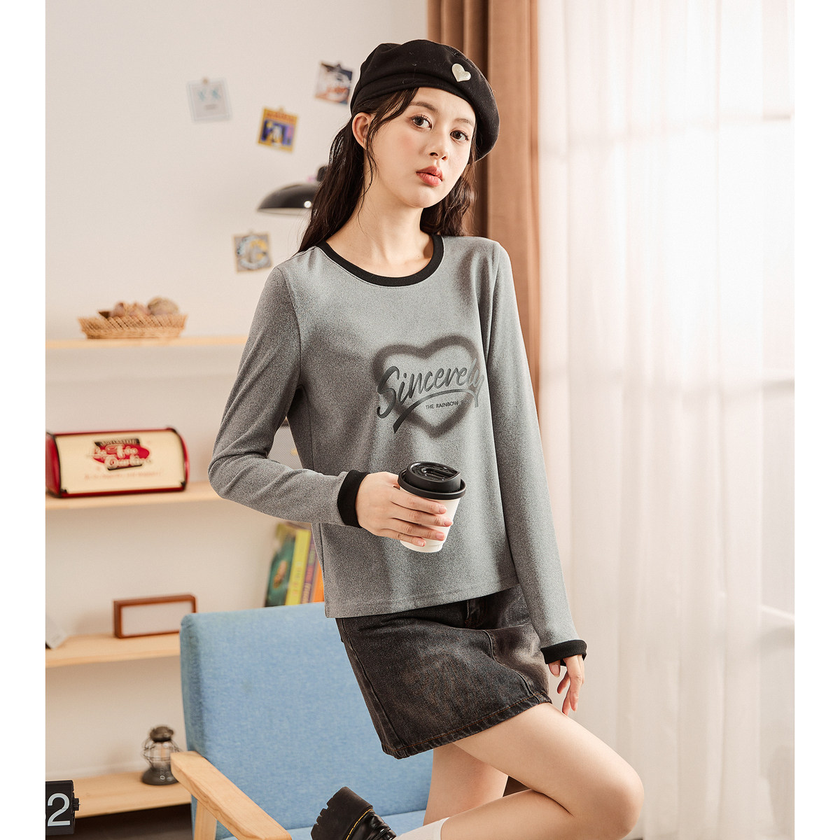 唐狮打底衫女撞色内搭保暖新款早秋甜美爱心白色圆领长袖T恤