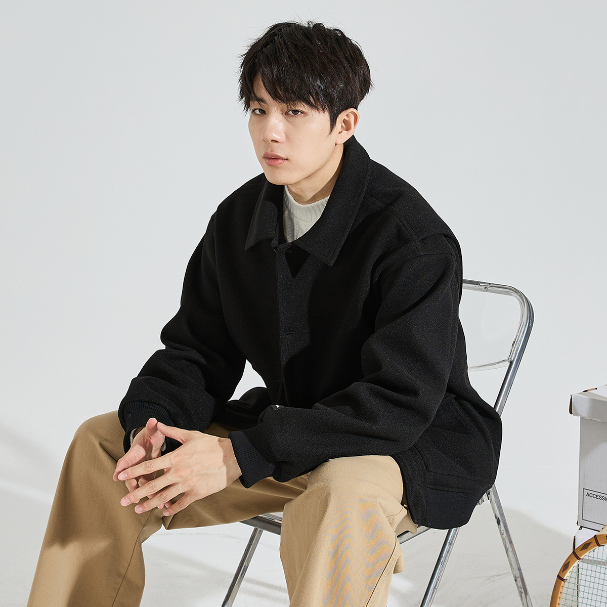 唐狮毛呢外套男春秋季新款翻领夹