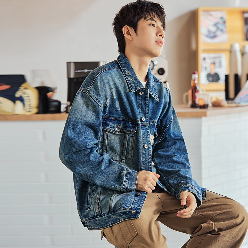 唐狮牛仔外套男秋季新款时尚牛仔衣潮酷水洗复古休闲男士外套