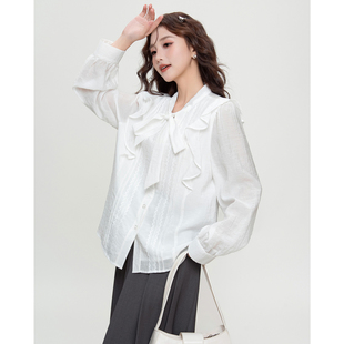 唐狮秋冬新款长袖衬衫女飘带前身花边衬衫简约宽松百搭ins风TD