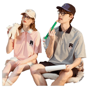 唐狮情侣装polo衫夏季男女装短袖纯棉有翻领t恤黑色衬衫打底宽松