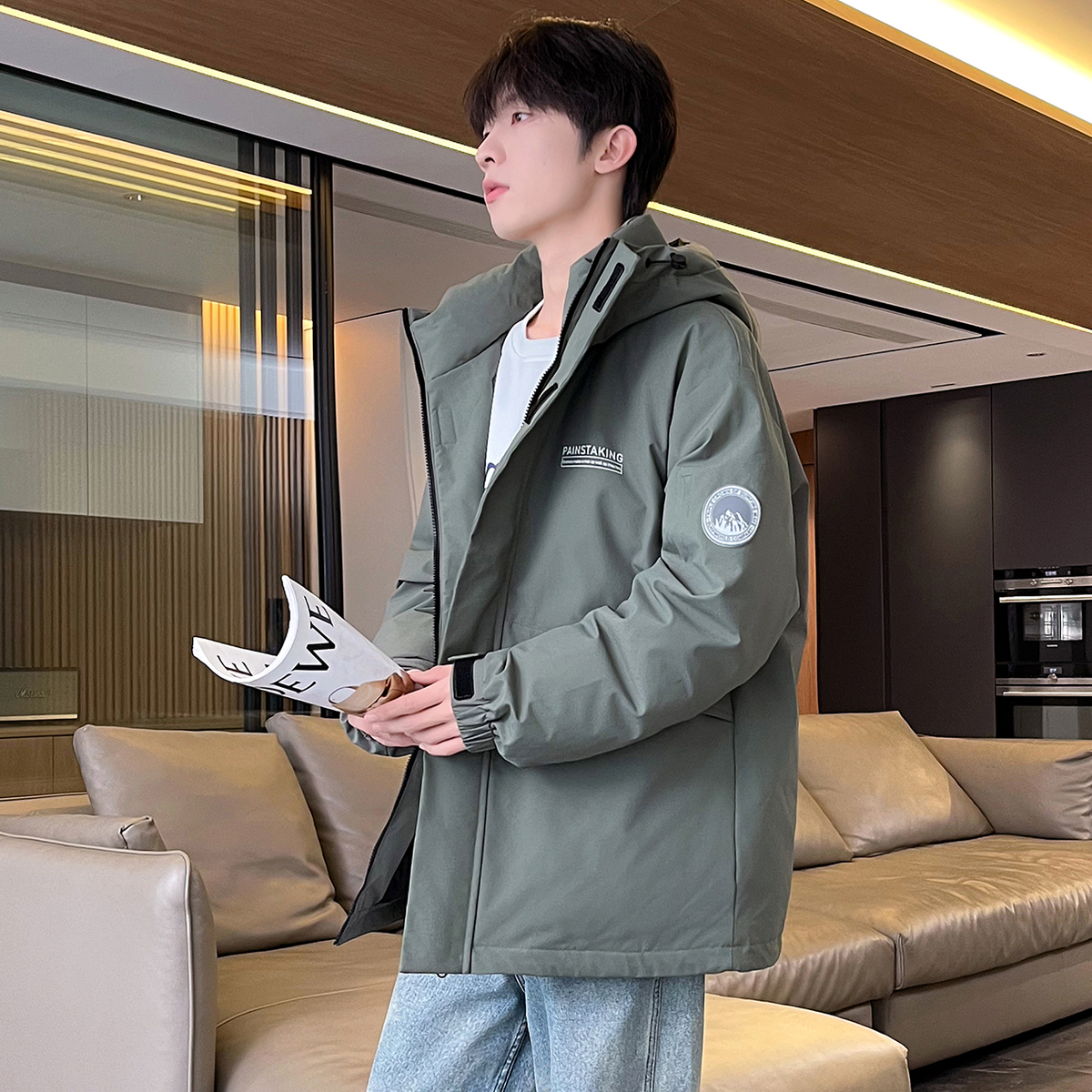 唐狮冬季新款羽绒服男工装加厚短