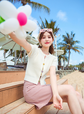 唐狮春夏新款女短袖针织衫镂空设计多巴胺净色短款毛线衫czTA