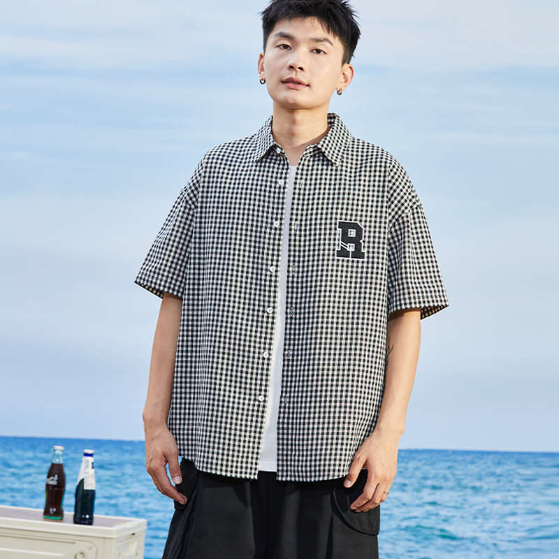 唐狮夏新款黑白格子衬衫男翻领文