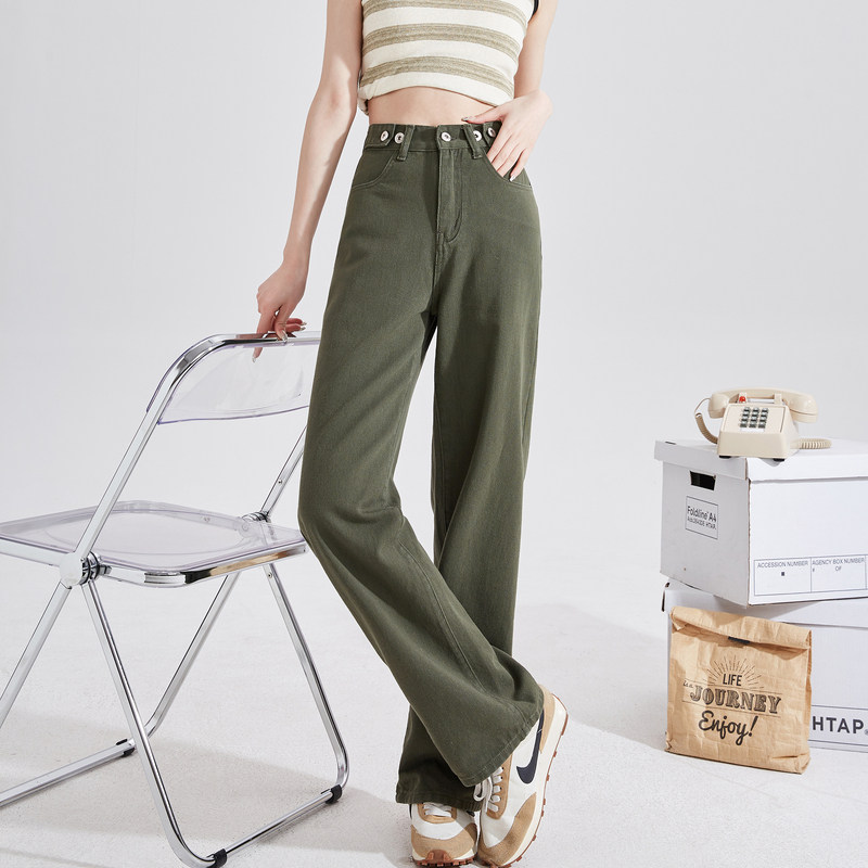 唐狮春秋季女牛仔裤高腰阔腿裤工装粉色裤子女显瘦潮流设计感