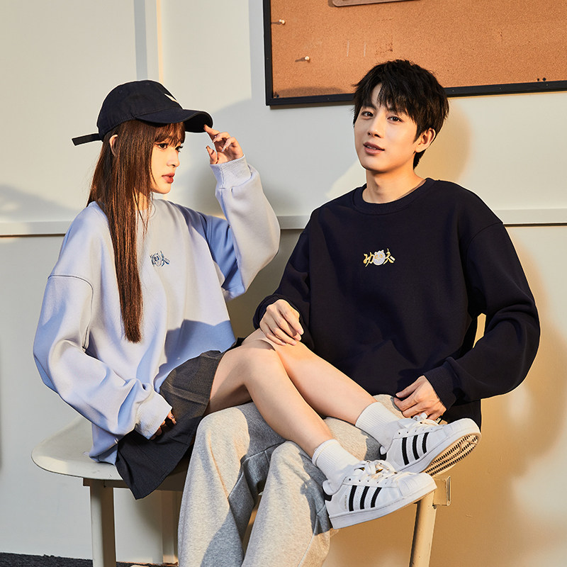 唐狮情侣圆领加绒卫衣功夫熊猫联名文字图案冬季新套头绒衫