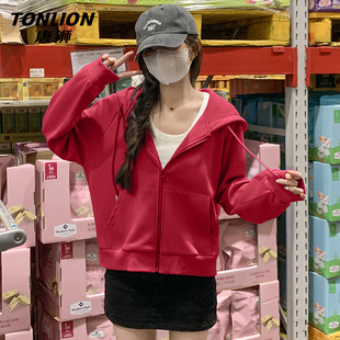 唐狮红色小个子短款卫衣外套女2026新款秋季女款宽松外搭开衫VB