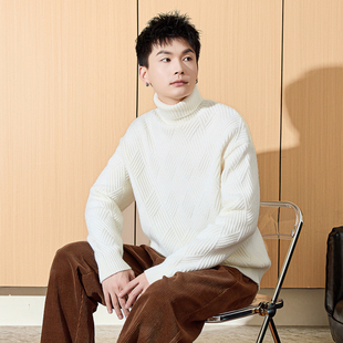 唐狮冬季新款高领毛衣男生绞花白色内搭男款毛衫针织上衣潮流TE