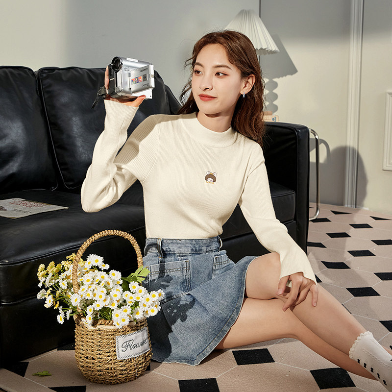 唐狮犬系女孩针织衫女春秋毛织高领打底衫黑色早秋内搭修身上衣