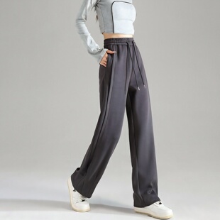 唐狮春秋新款女休闲裤宽松直筒阔腿裤显瘦百搭黑工装长裤 TD
