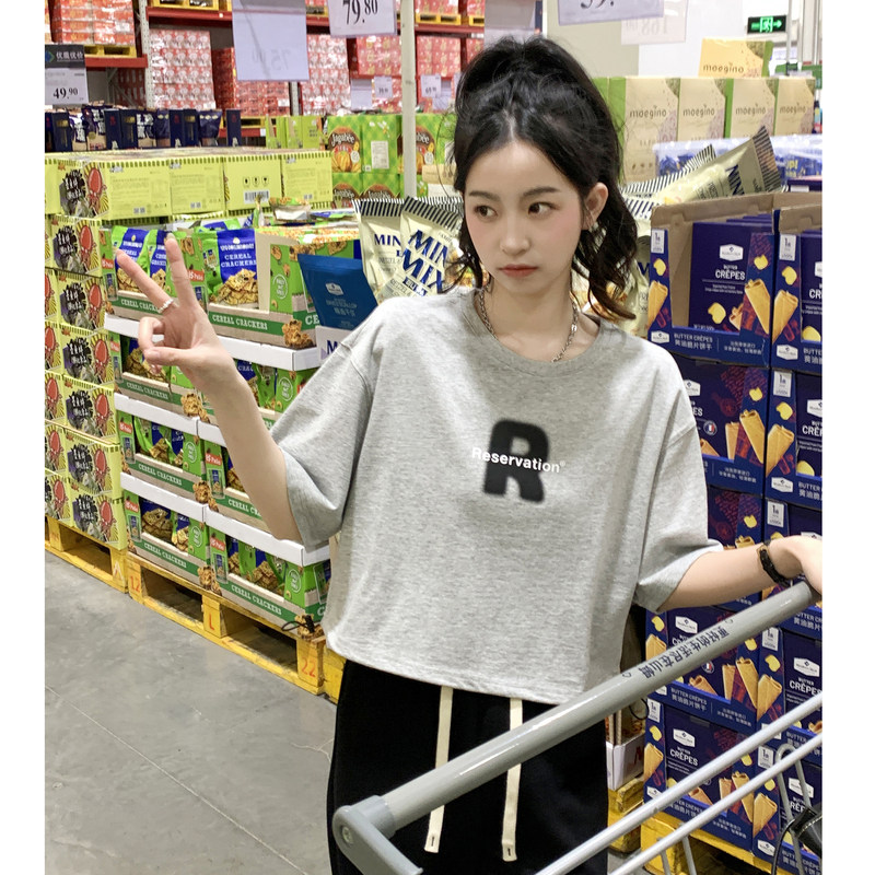 唐狮圆领短袖女T恤衫灰色夏季收腰短款港味chic上衣小众短袖T恤