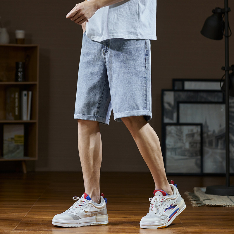 唐狮夏季男士牛仔裤宽松直筒韩版潮流卷边休闲短裤子浅色五分裤子