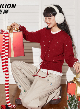 唐狮红色荷叶边针织开衫女2026新款秋冬季爆款宽松本命年毛衣VB