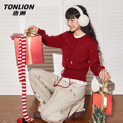 唐狮红色荷叶边针织开衫女2025