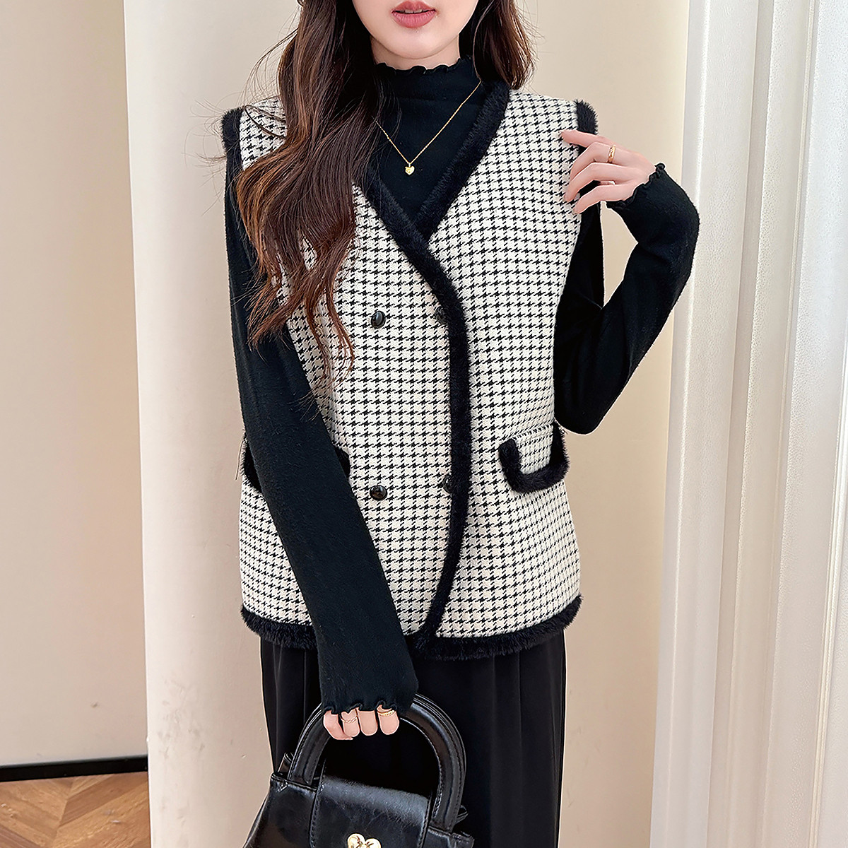 唐狮秋冬季女毛衣千鸟格图案V领开衫马甲气质款通勤穿搭毛线衫tu