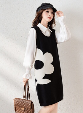 唐狮黑色花朵背心裙连衣裙秋冬款女冬新款背带裙学生针织马甲裙TD