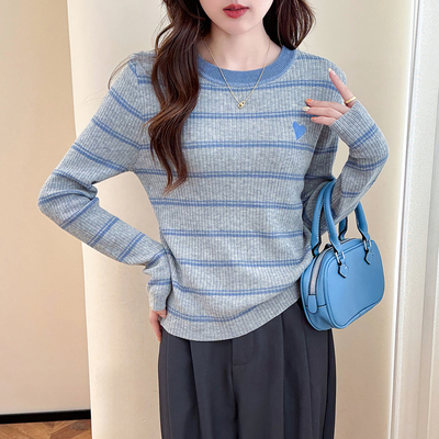 唐狮秋冬季毛衣女爱心刺绣条纹圆