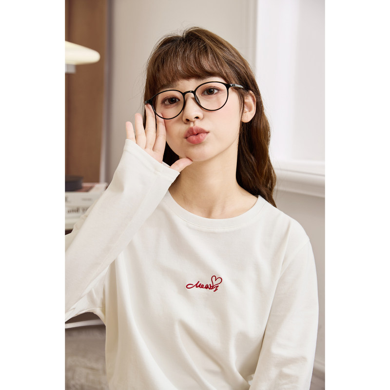 唐狮长袖T恤女秋新款宽松休闲白色上衣女甜美韩系内搭打底衫TE