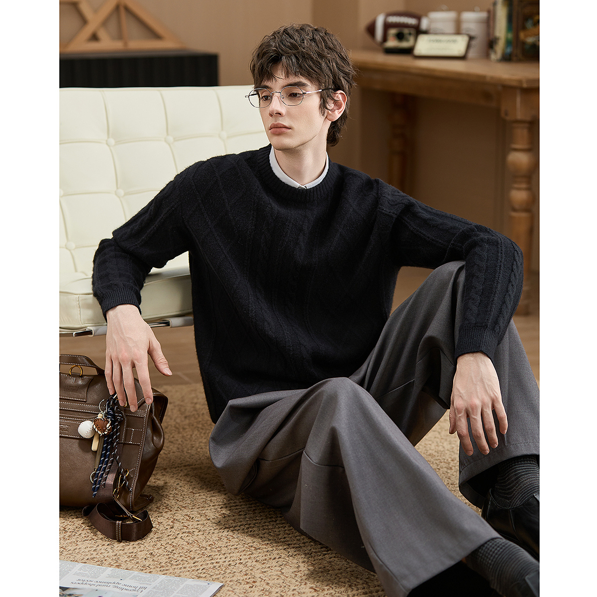 唐狮秋冬季新款圆领毛衣男款套头