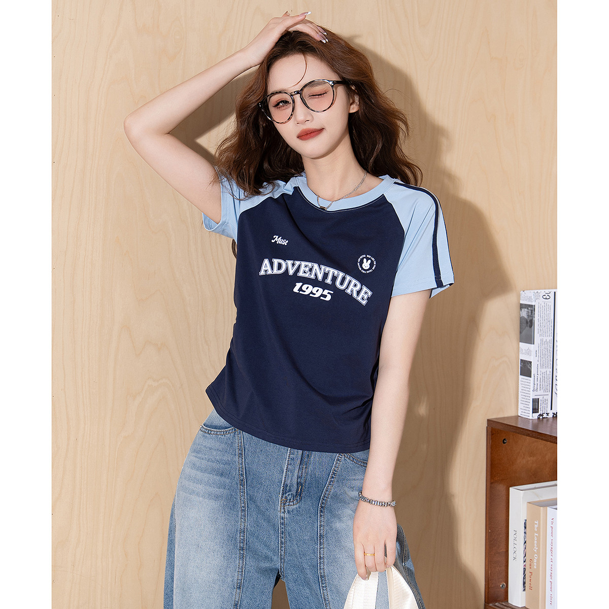 唐狮夏女新款短袖T恤学生运动风休闲今年流行插肩袖撞色上衣官方