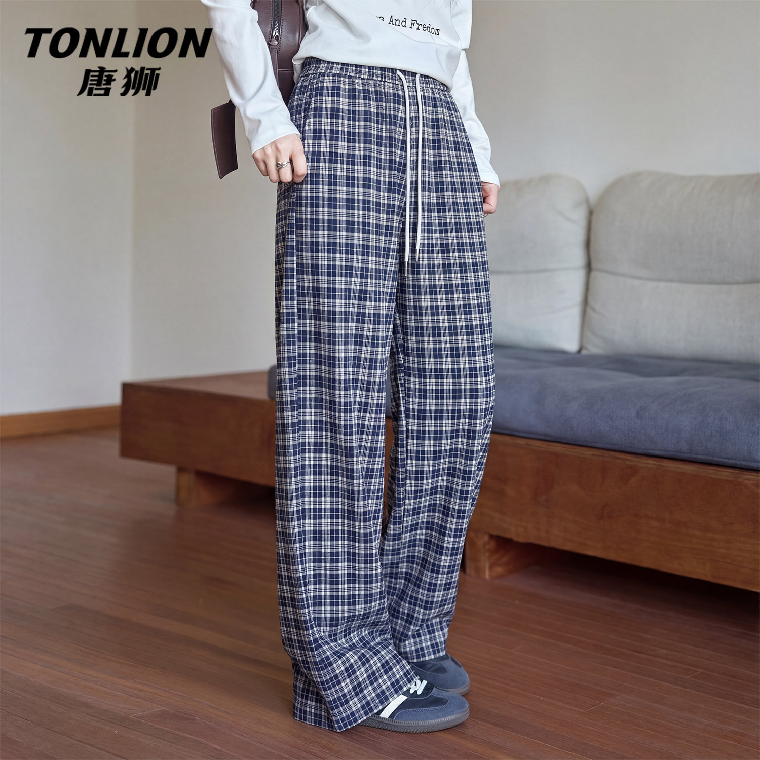 唐狮官方格纹阔腿裤女2026新款春夏款直筒裤垂感休闲裤薄款裤子VC,女装/女士精品,休闲裤,淘宝优惠券,粉丝福利购,淘宝优惠卷