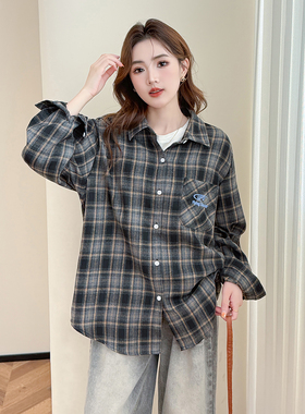 唐狮新款长袖格子衬衫女灰色格纹翻领复古百搭超好看TM