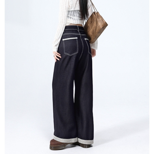 简约风深蓝牛仔裤 唐狮秋冬季 脚折边时尚 女直筒裤 阔腿牛仔长裤