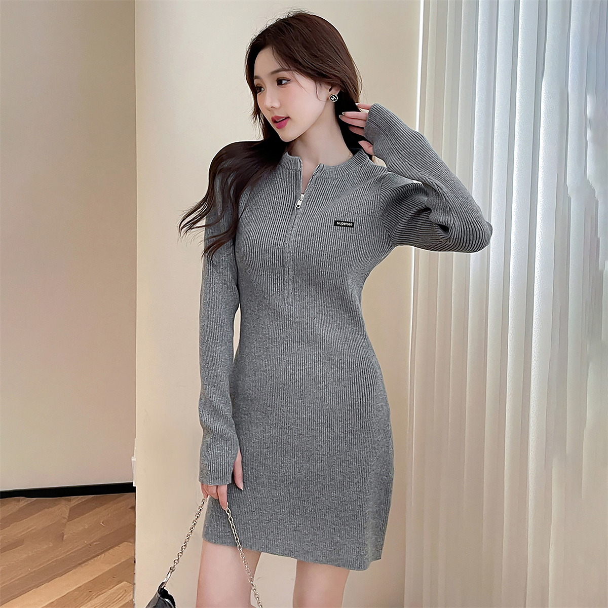 唐狮秋冬毛衣连衣裙女拉链半开襟