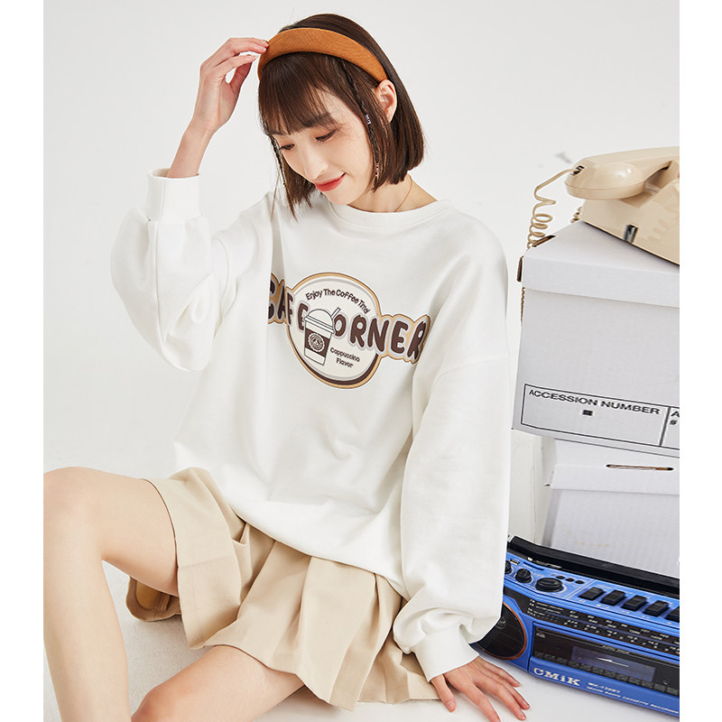 唐狮趣味印花卫衣女圆领春秋新款韩版卫衣外套宽松学生潮上衣