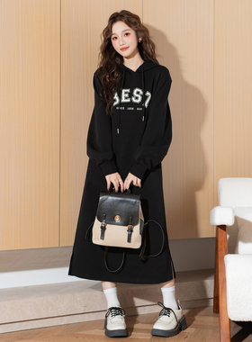 唐狮连帽卫衣连衣裙女秋冬新款长裙宽松休闲裙子长袖卫衣裙女装TD